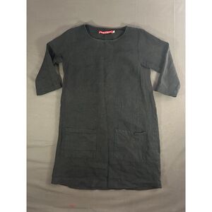 Pyne & Smith Black Linen Shift Tunic Dress 3/4 Sleeve Pockets XS Slow Fashion